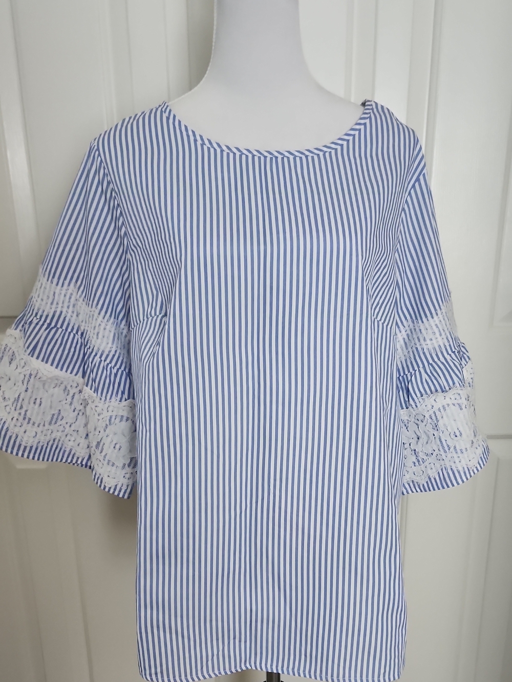 SHEIN Blue and White Striped Lace Bell Sleeve Blouse
